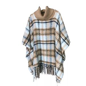 Lucky Belle Iconic Tartan Check Plaid Tan Black White  Turtleneck Poncho Shawl